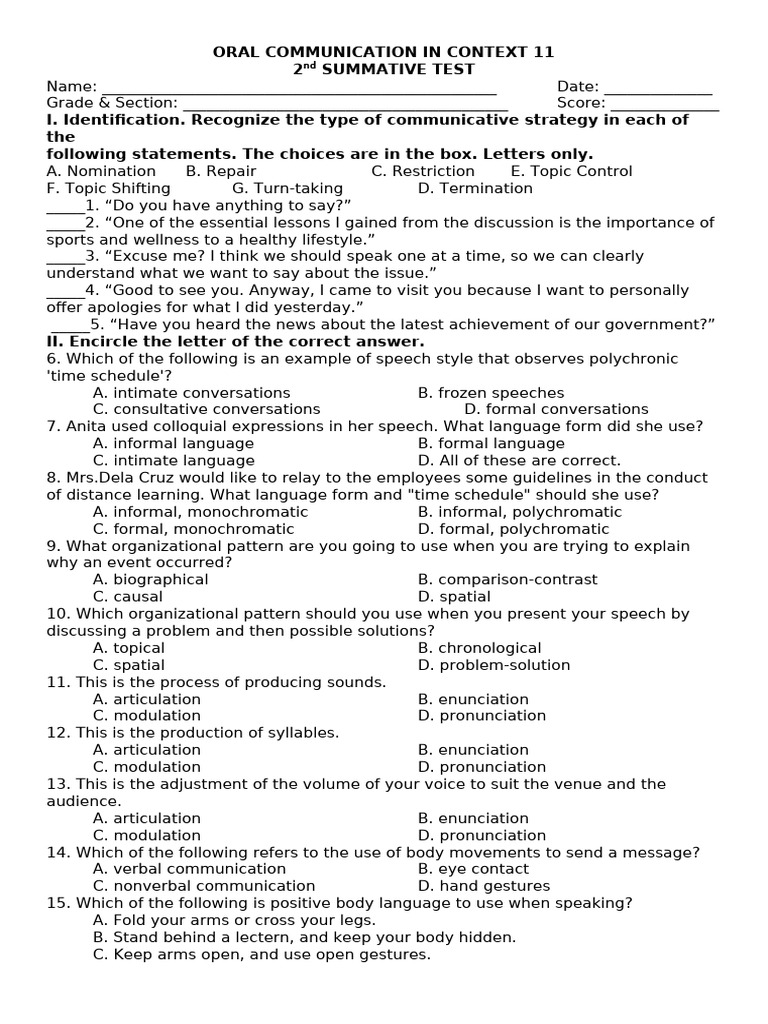 Oral Communication Strategies Test | PDF | Gesture | Body Language