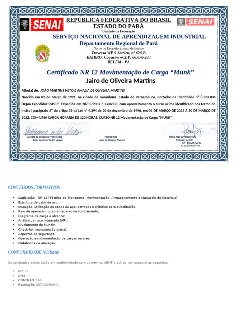 Certificado NR 12: Curso de Munck PA | PDF