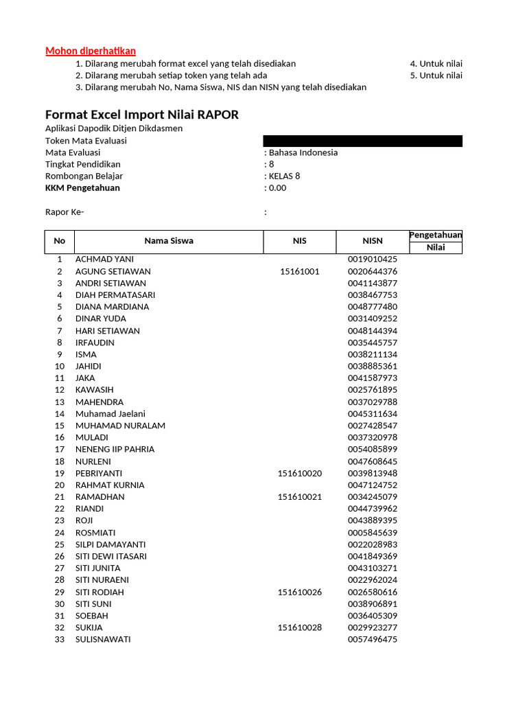Format Excel Nilai Rapor Kelas 8 | PDF
