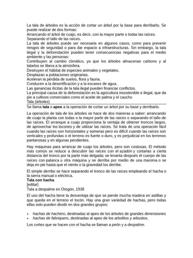 La Tala de Árboles Es La Acción de Cortar Un Árbol Por La Base para ...