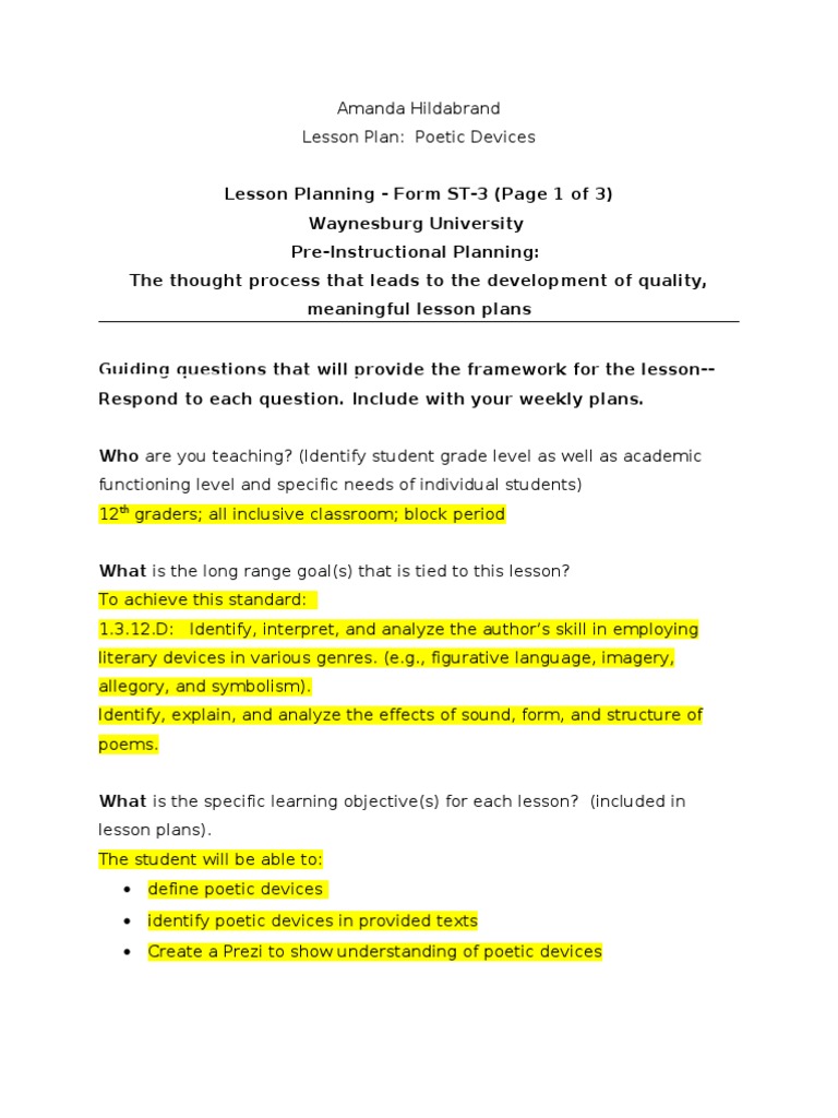Poetic Devices Lesson Plan for 12th Grade | PDF | Lesson Plan | Poetry