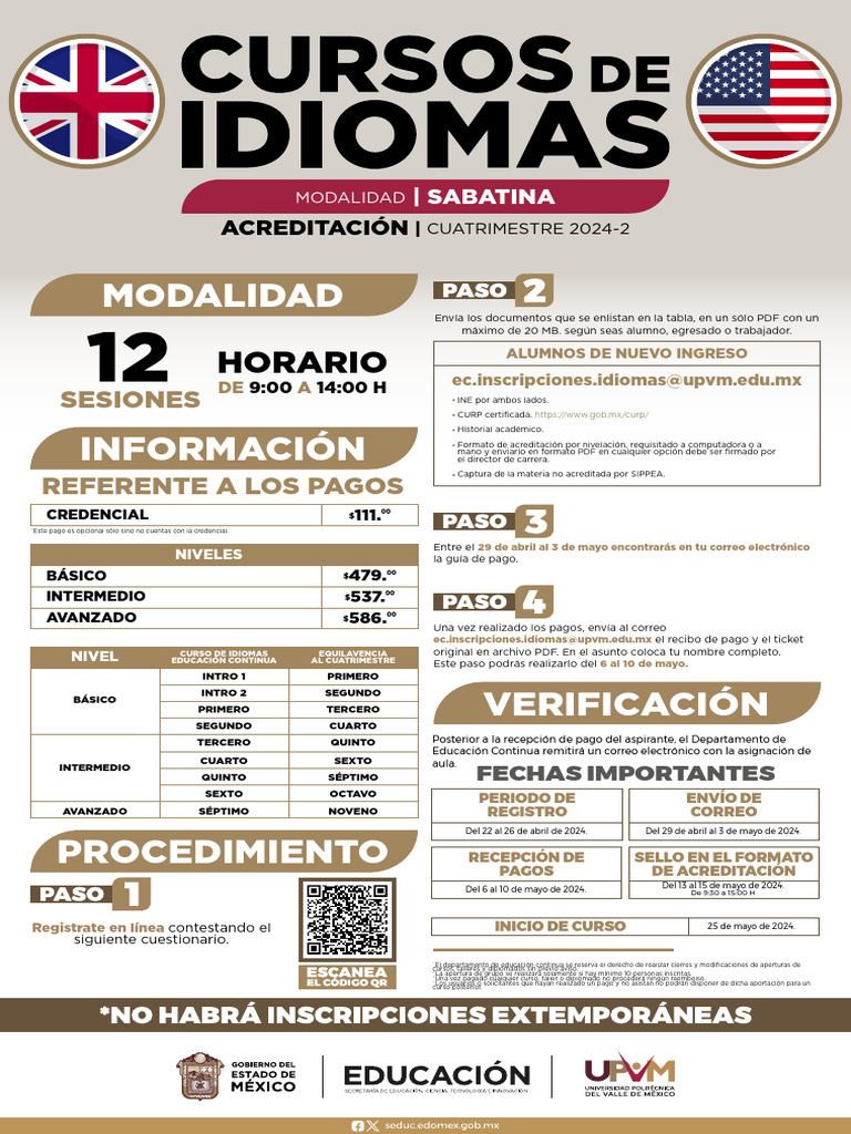 Inscripción Cursos de Idiomas UPVM 2024 | PDF