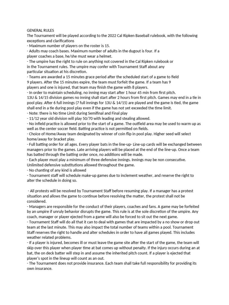 Cal Ripken Tournament Rules 2024 | PDF | Baseball Field | Pitcher