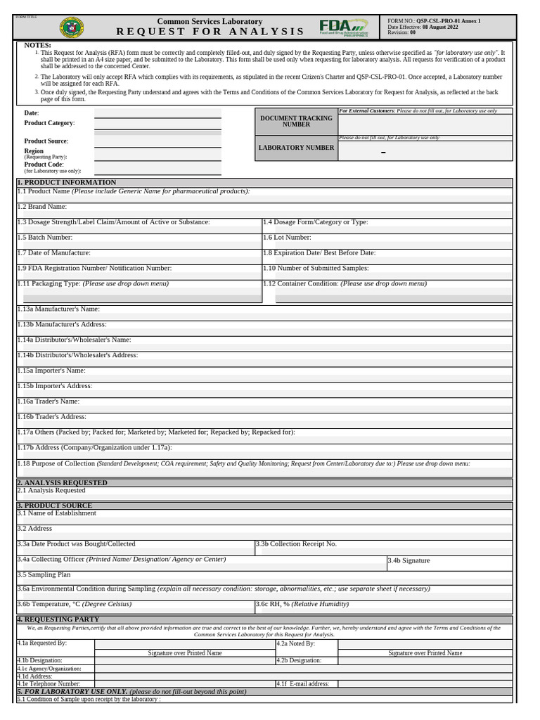 Request for Laboratory Analysis Form | PDF | Food And Drug ...