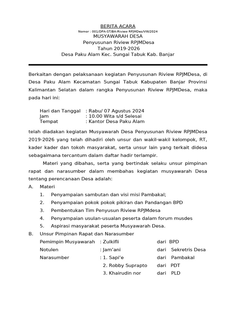 Notulen Musdes RPJMDes 2019-2026 | PDF
