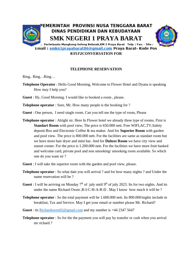 Conversation For Telephone Reservation | PDF