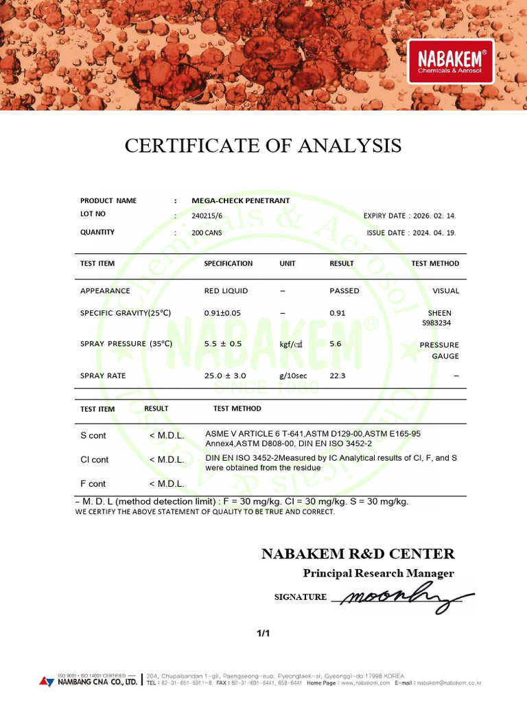 Certificate of Analysis for Mega-Check Penetrant | PDF