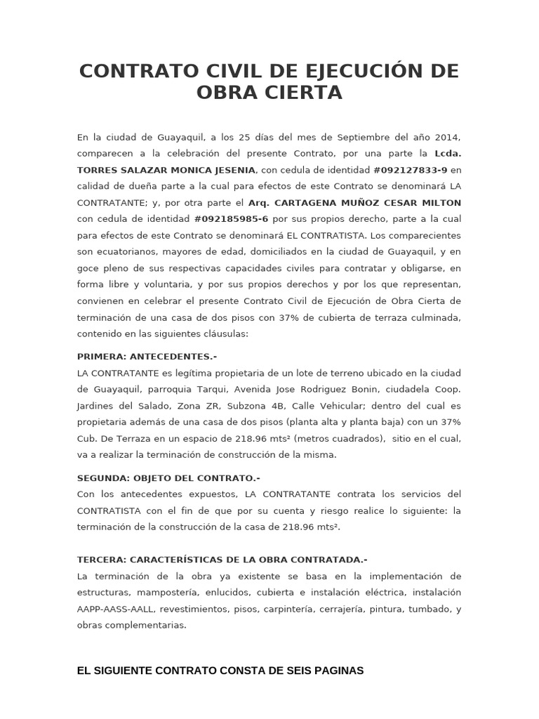 Contrato Civil de Ejecucion de Obra Cier | PDF | Pagos | Derecho civil ...