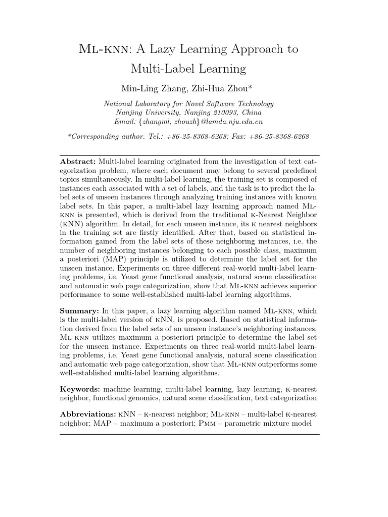 Ml-knn: Multi-Label k-NN Algorithm | PDF | Statistical Classification ...