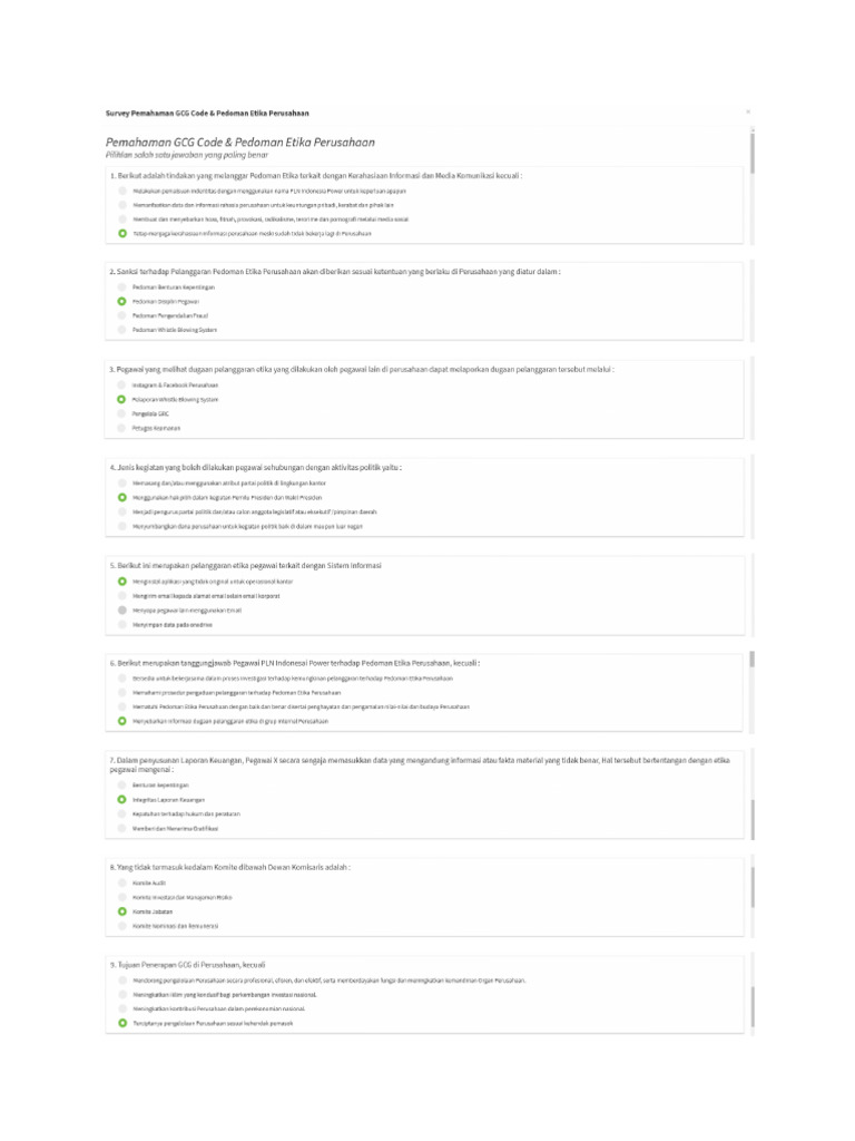 Kisi -kisi Survey Pemahaman GCG ( GCG Code & Pedoman Etika Perusahaan ...