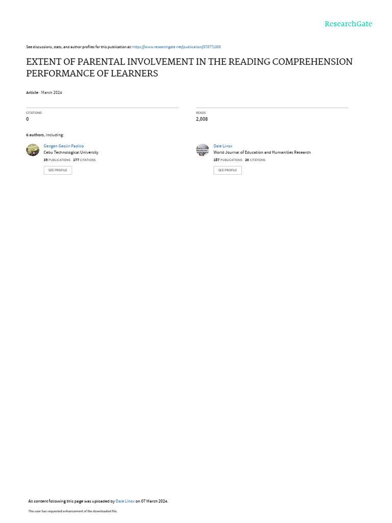 Extent of Parental Involvement in The Reading Comprehension Performance ...