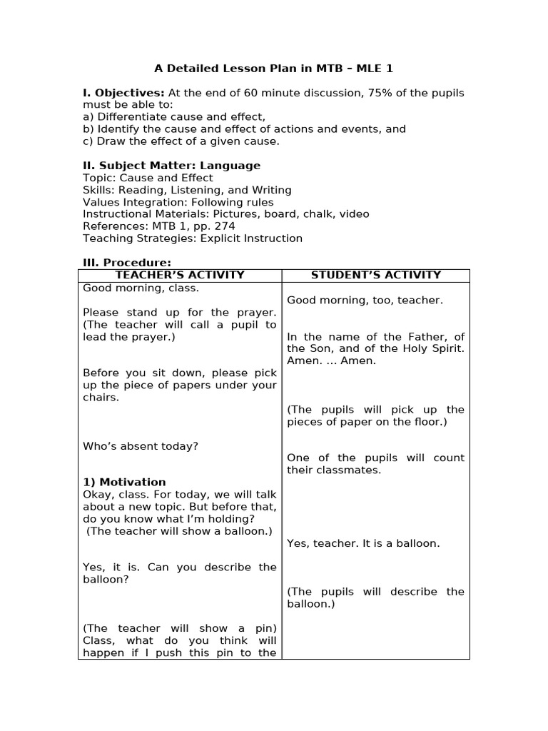 Cause and Effect Lesson Plan MTB-MLE | PDF | Lesson Plan | Human ...