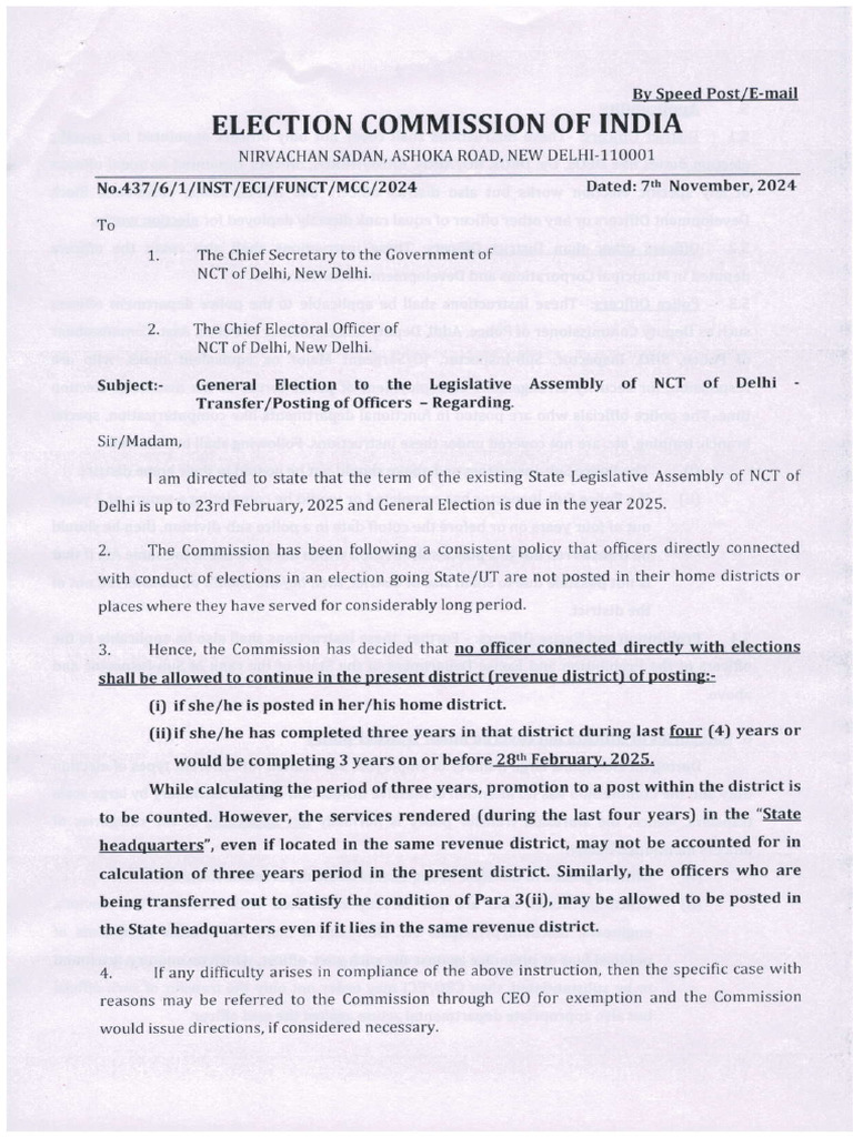 Delhi Election Officer Transfer Guidelines | PDF | Government | Governance