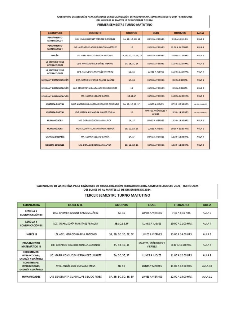 Calendario de Clases y Asesorías 2024 | PDF