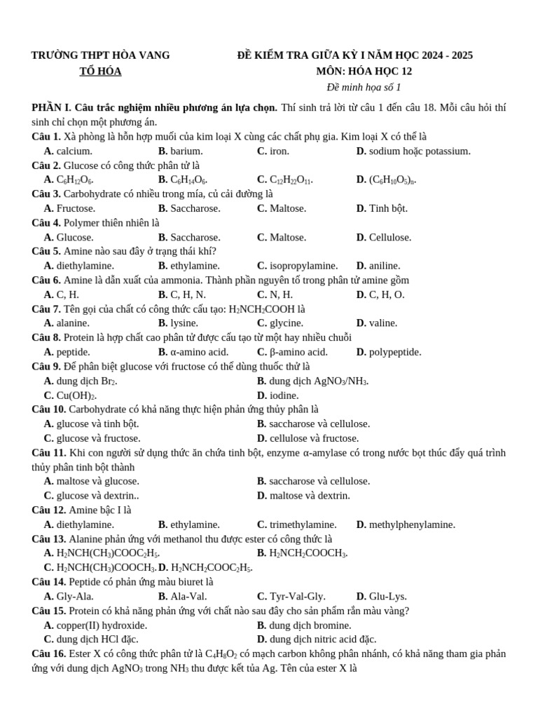 De On Tap Giua Ki 1 Hoa 12 | PDF