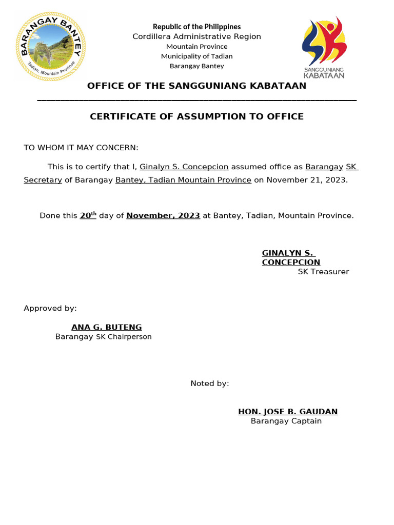 Certificate of SK Office Assumption | PDF