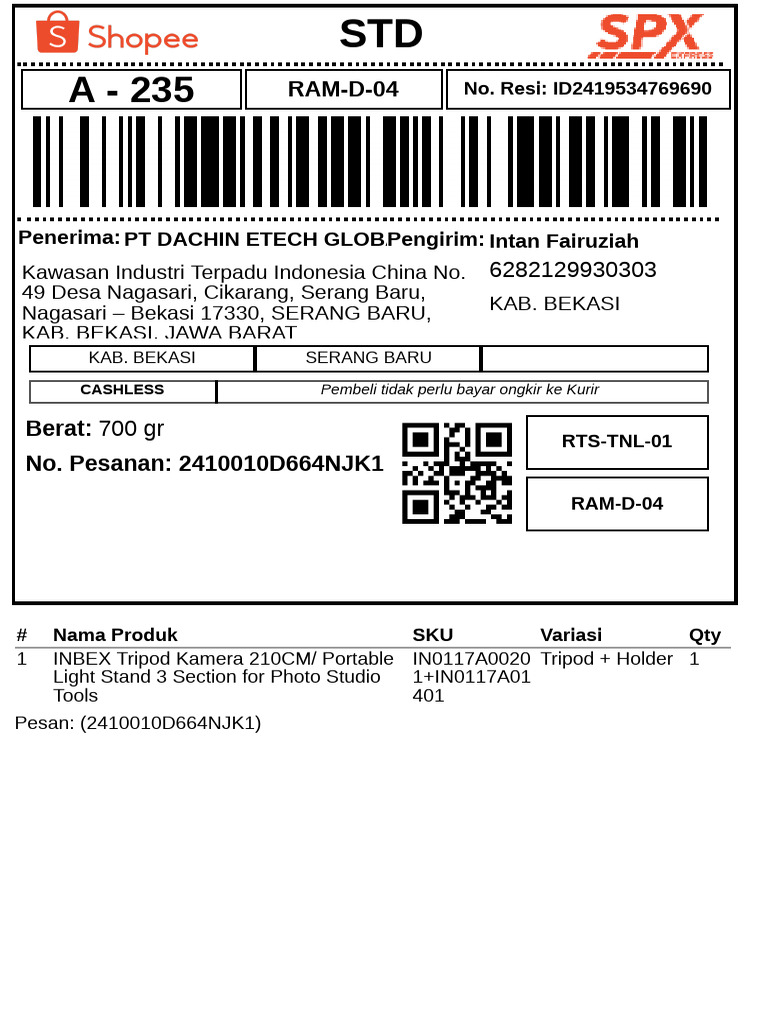 Resi Pengiriman PT Dachin Etech Bekasi | PDF