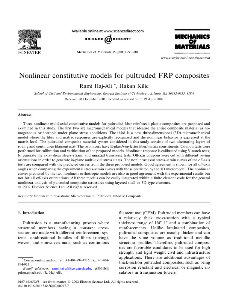 Nonlinear Constitutive Models For Pultruded FRP Composites | PDF ...