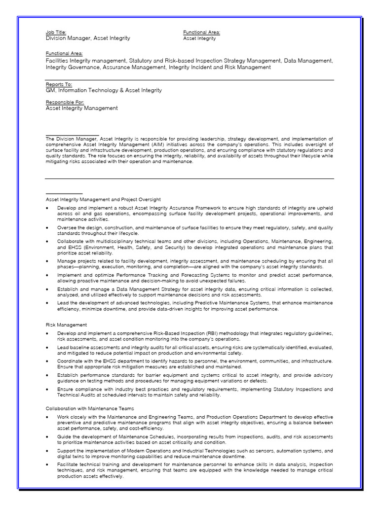 Asset Integrity Division Manager Role | PDF | Risk Management ...