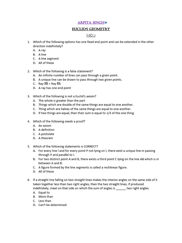 Euclid's Geometry MCQ Practice Questions | PDF | Line (Geometry) | Axiom