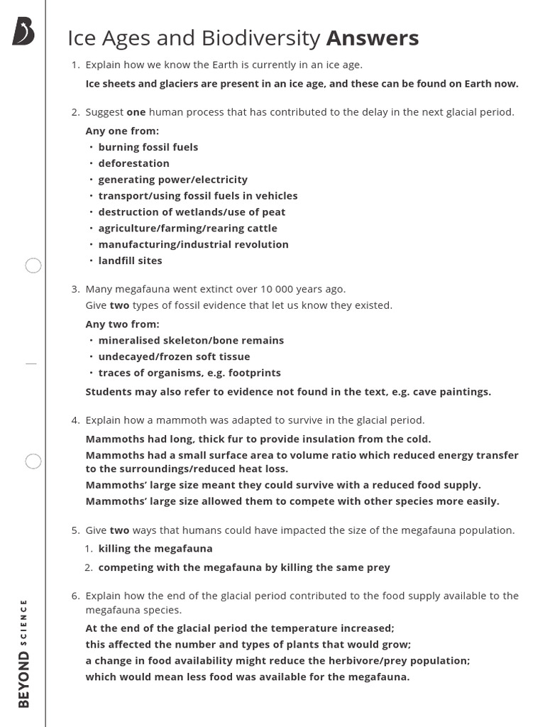 Ice Ages and Biodiversity Worksheet Answers PDF