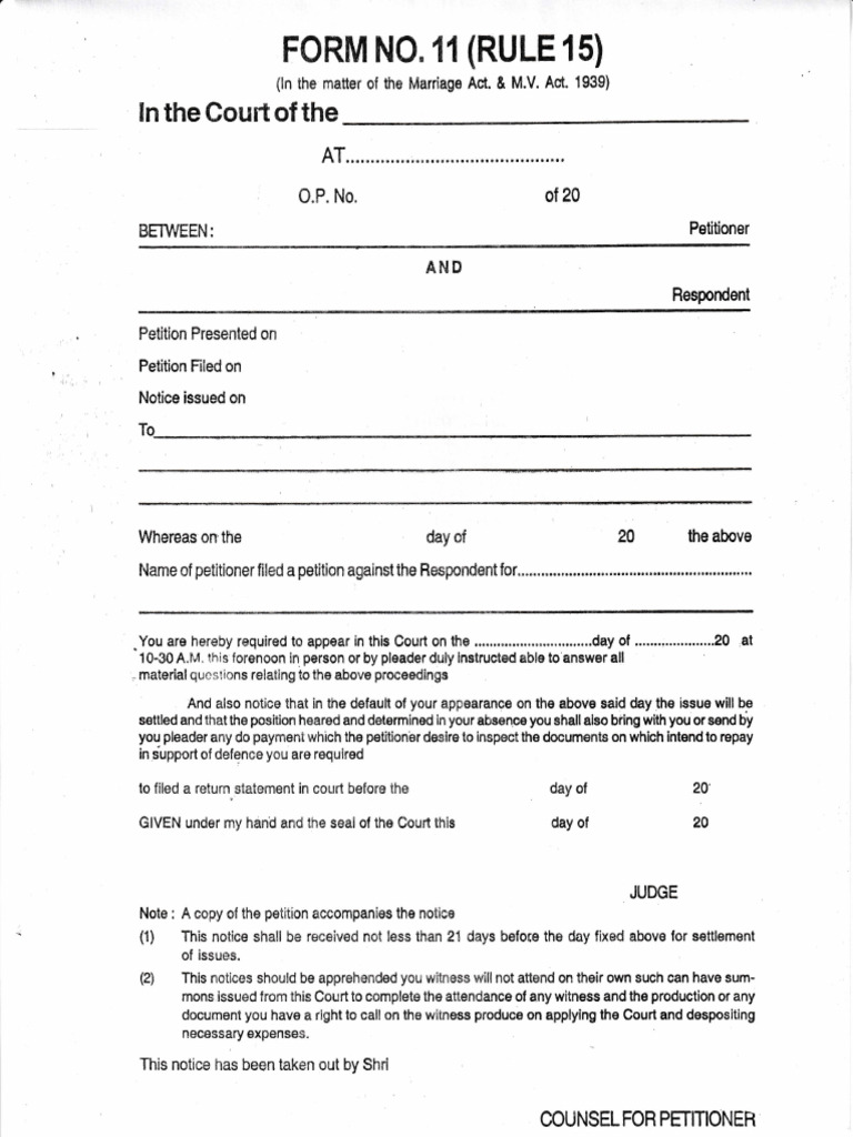 Form 11 rule 15 for hmop and mv act pdf