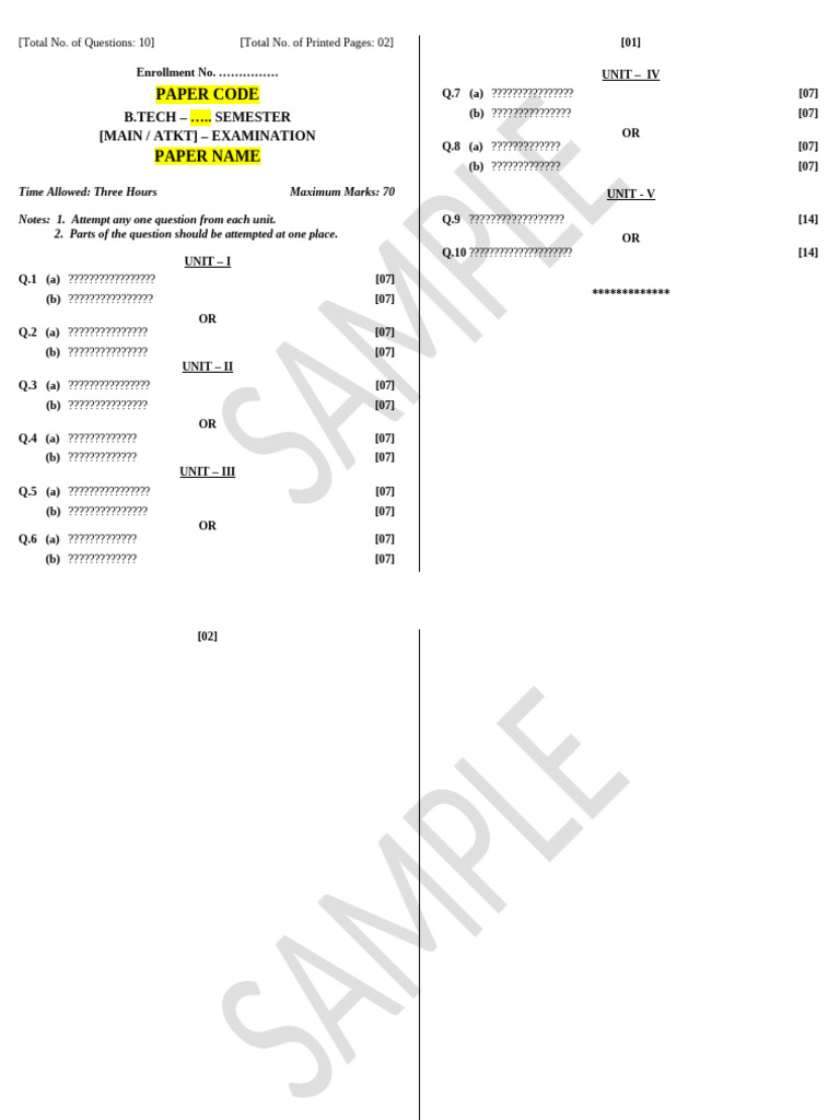 B.Tech Exam Paper Format Guide | PDF
