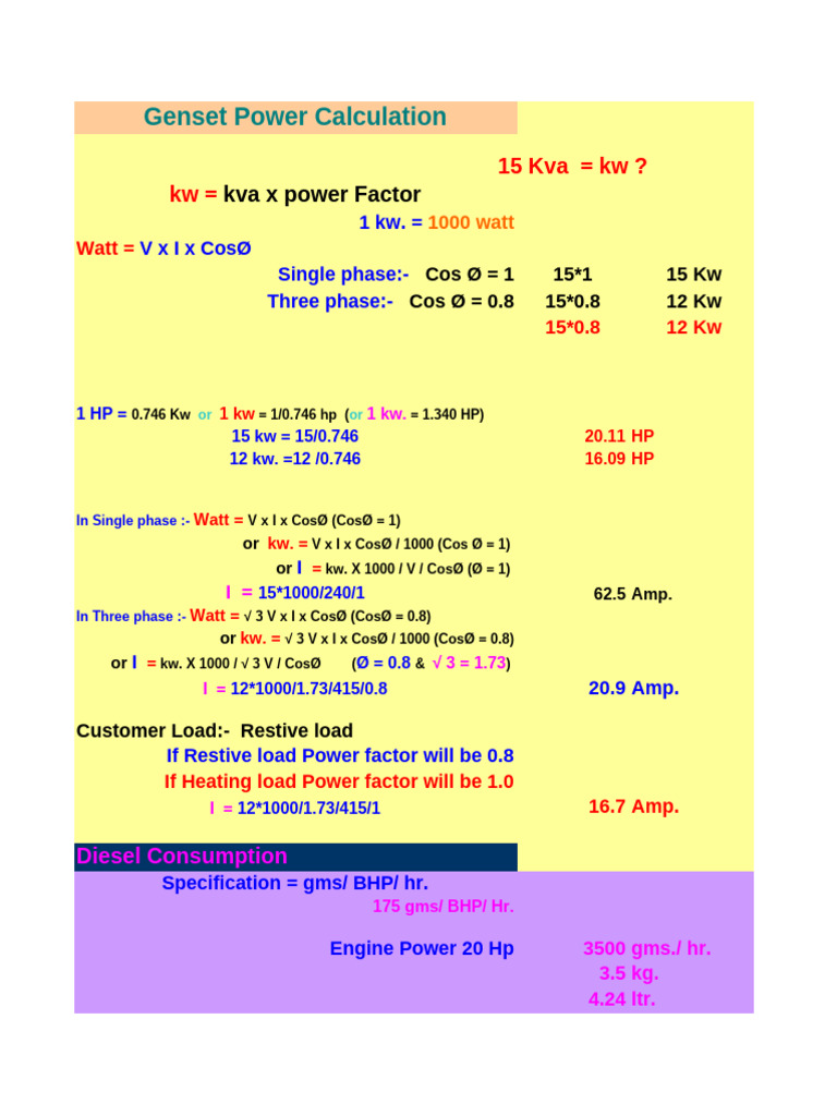Genset Power and Load Calculations | PDF | James Watt | Units Of ...