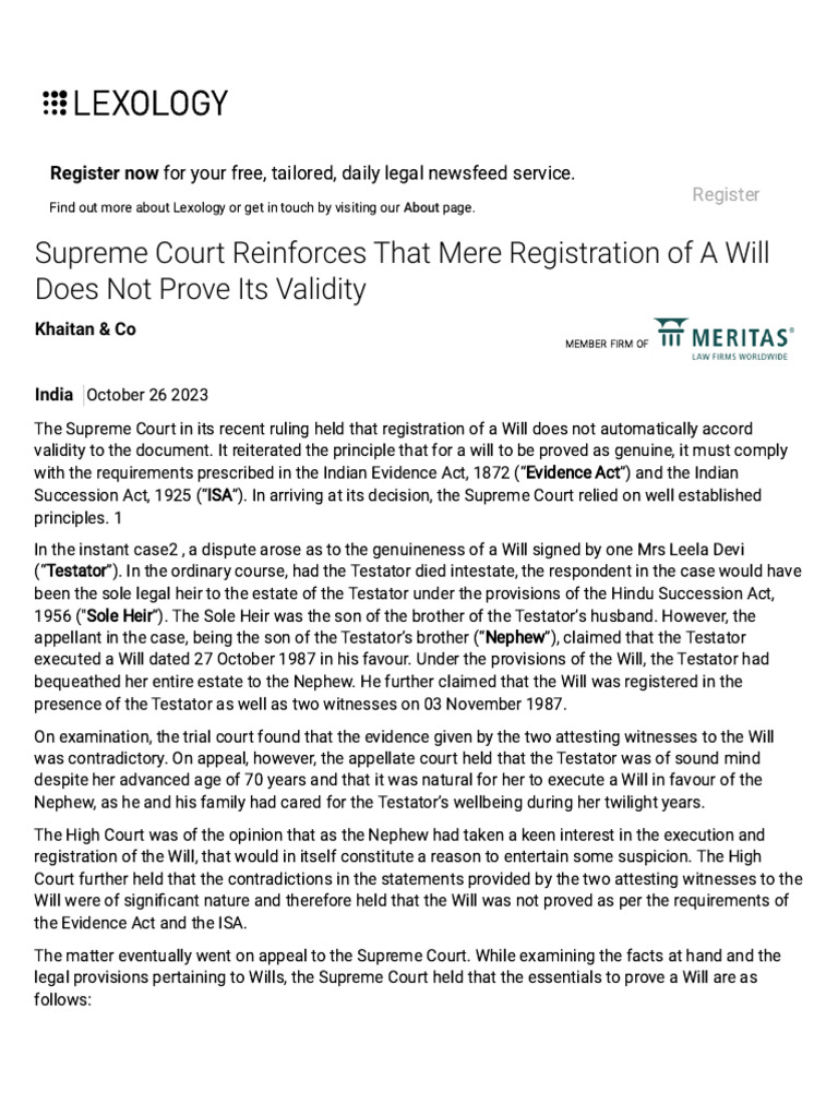 Supreme Court on Will Registration Validity | PDF | Will And Testament ...