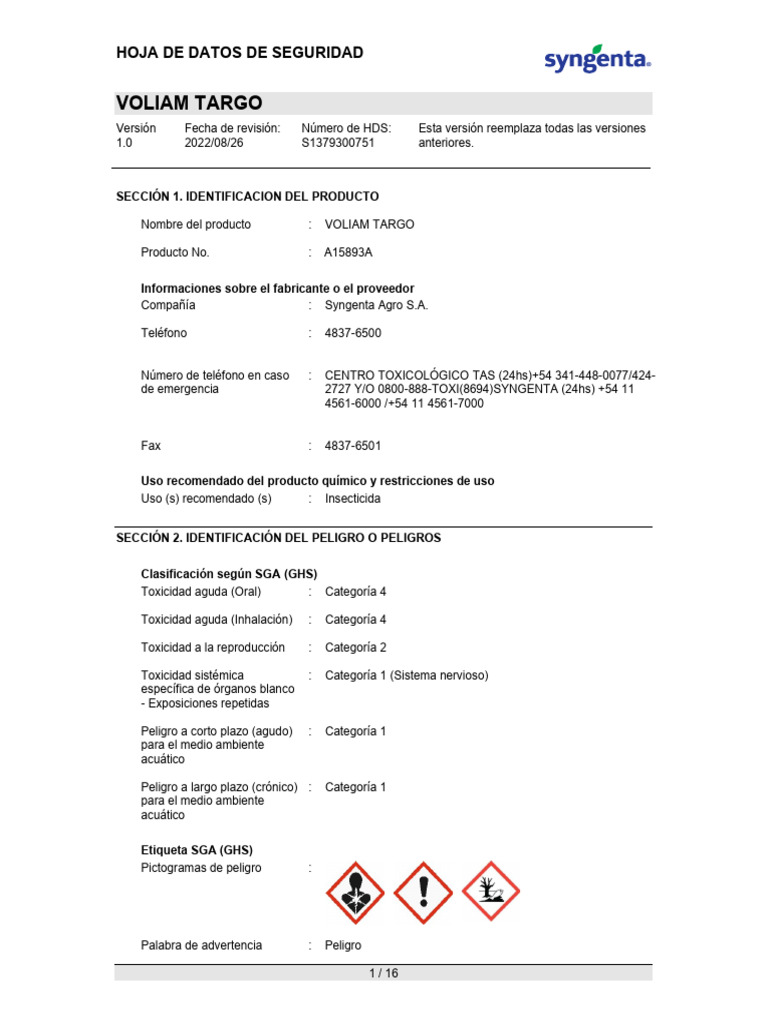 Hoja de Seguridad: Voliam Targo | PDF | Reciclaje | Toxicología