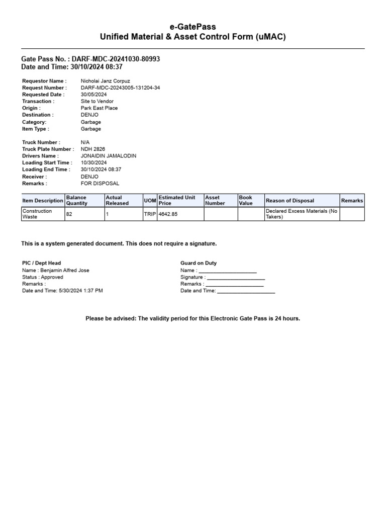 MDC Garbage Disposal Gate Pass | PDF
