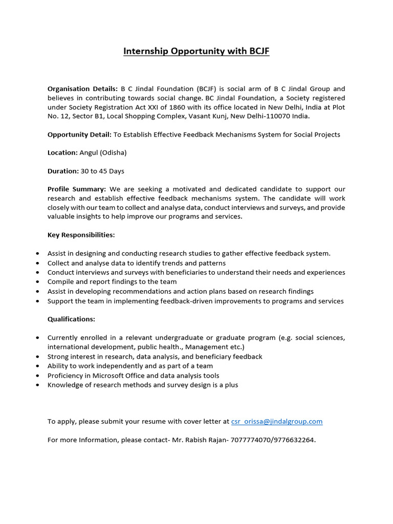 Internship: Feedback Mechanisms at BCJF | PDF