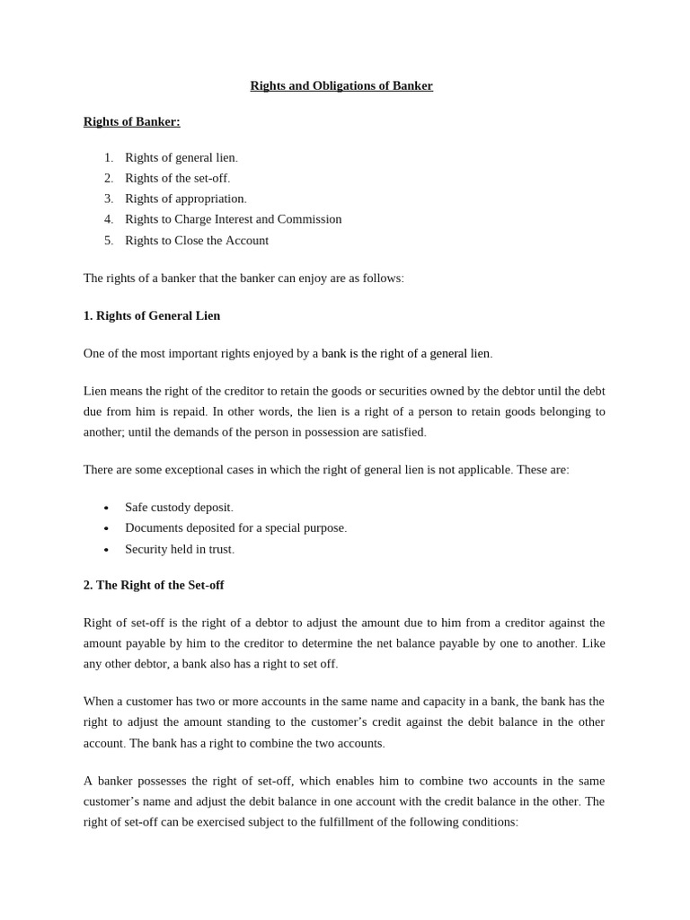 Banker Rights and Obligations Explained | PDF | Banks | Set Off (Law)