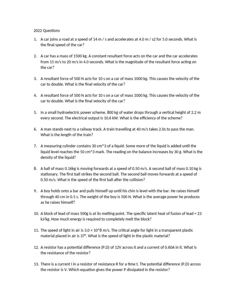 Physics Questions and Solutions 2022 | PDF | Mass | Force