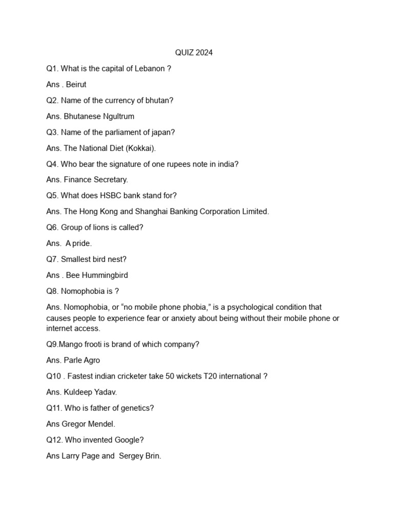 Quiz Questions and Answers 2024 | PDF