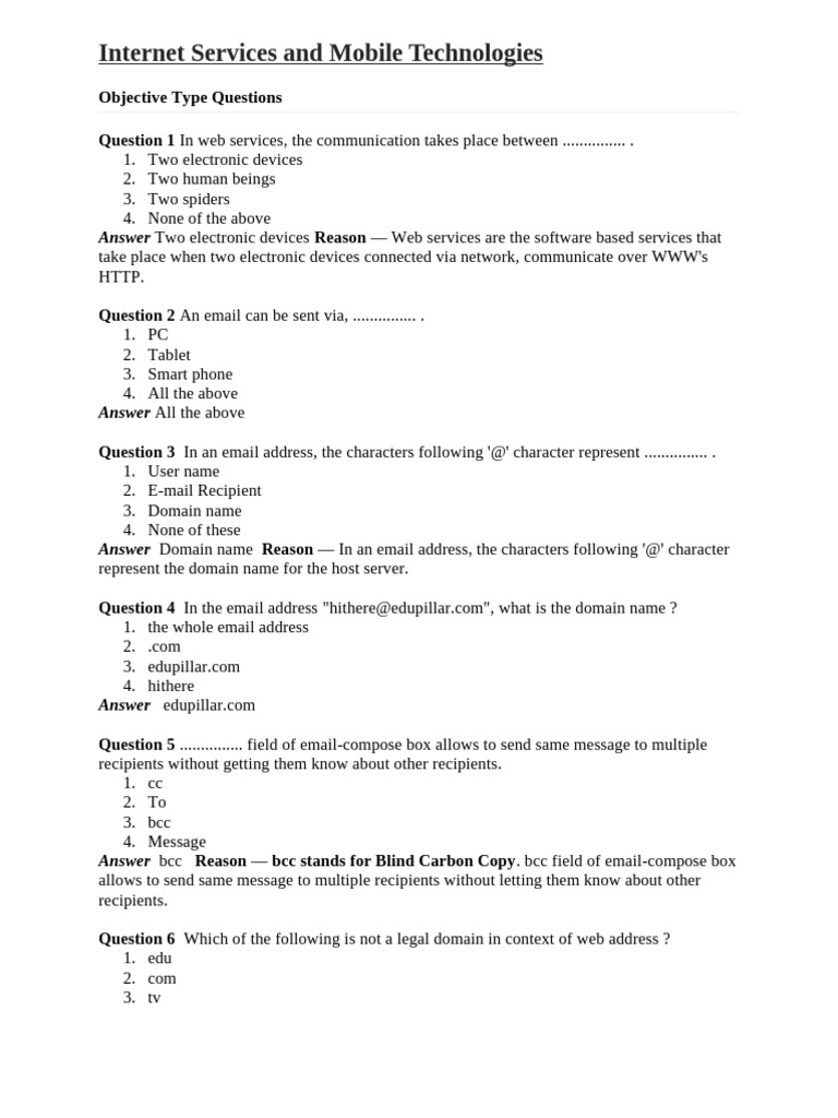 Internet Services Quiz Objective Questions Pdf World Wide Web