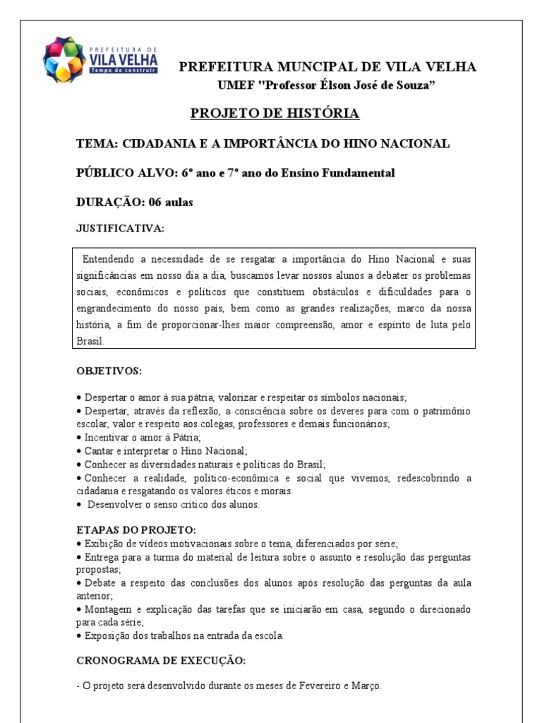 Projeto Cidadania Hino Nacional 6º 7ºano Brasil Amor