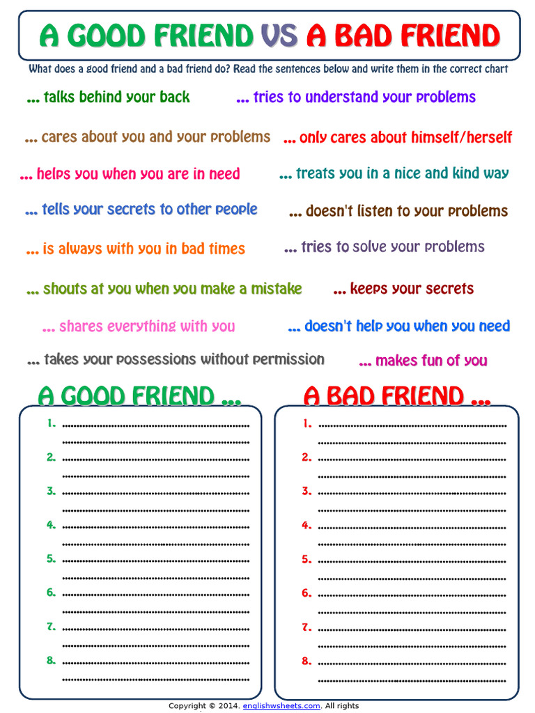 Good Friend and Bad Friend Categorizing Exercise Worksheet | PDF