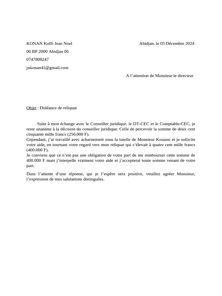 Doléance de remboursement de reliquat | PDF