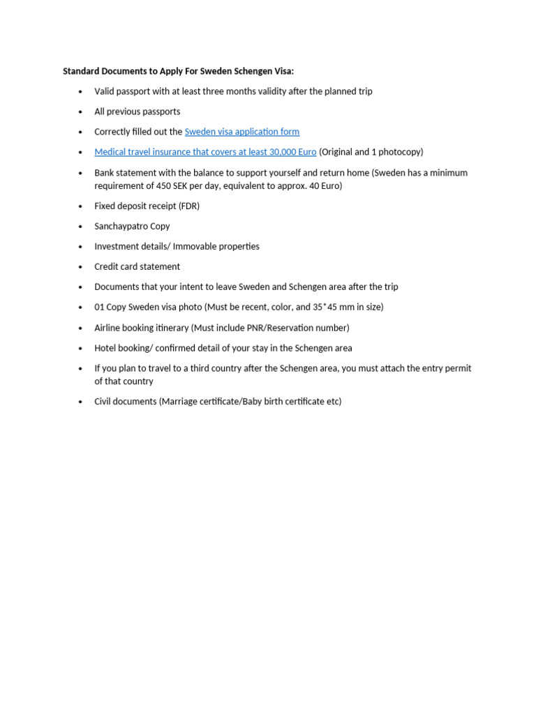 Standard Documents To Apply For Sweden Schengen Visa | PDF