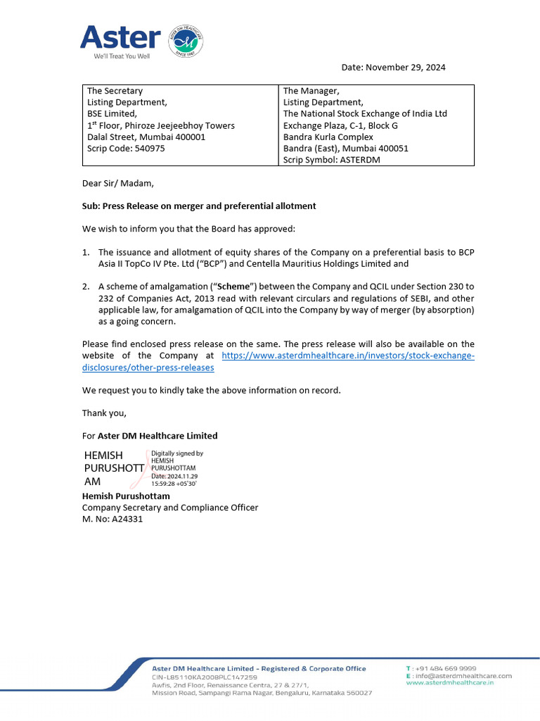 Aster-QCIL Merger Press Release - 241202 - 094932 | PDF | Mergers And ...