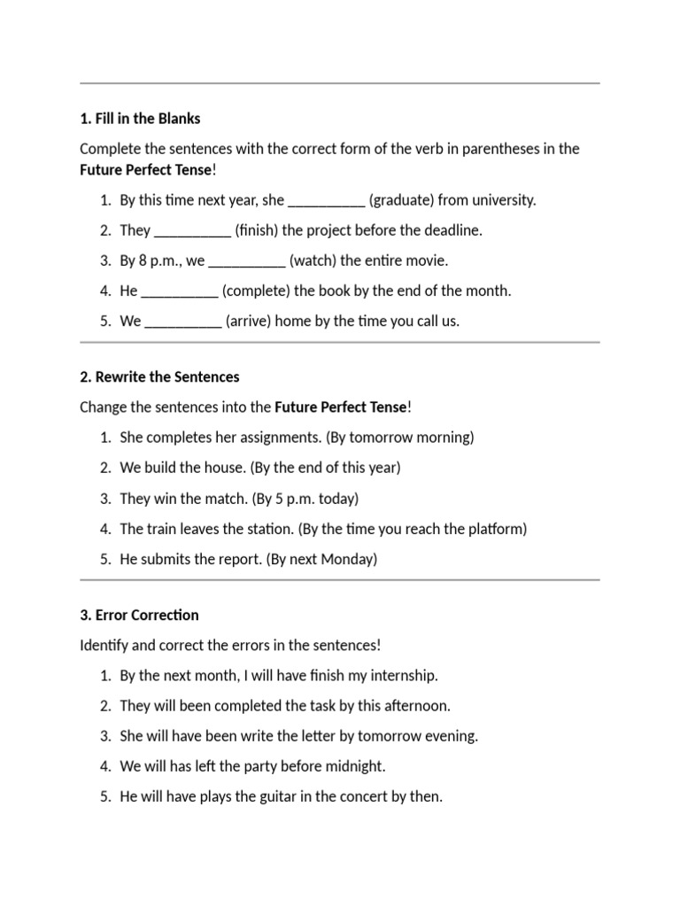 Future Perfect Tense Exercises Worksheet Pdf