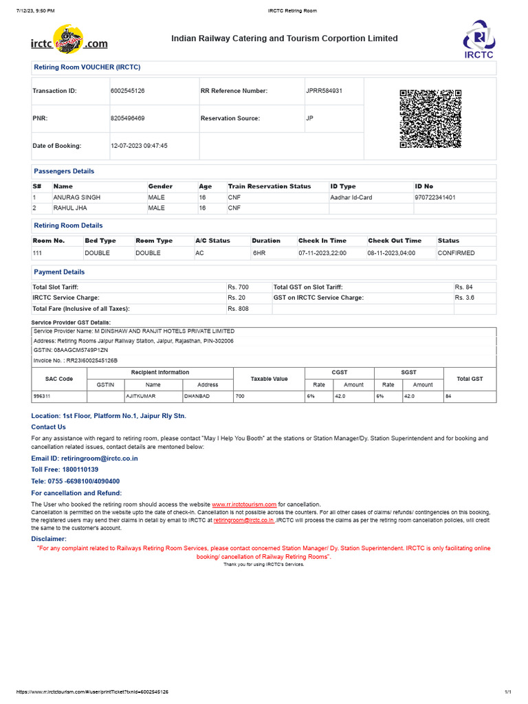 IRCTC Retiring Room Booking Details | PDF | Government Finances | Taxes
