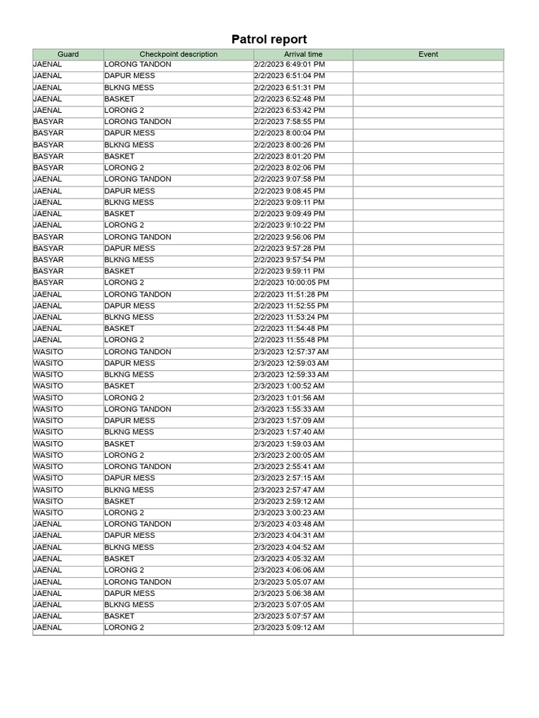 Security Patrol Log Summary | PDF