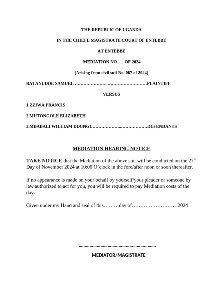 Mediation Hearing Notice for Civil Suit | PDF