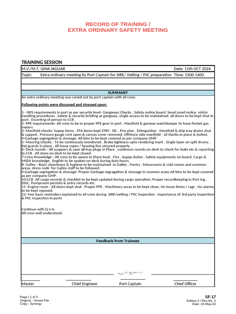 SF-17 - Extra Ordinary Meeting With Superintendent | PDF | Shipping ...