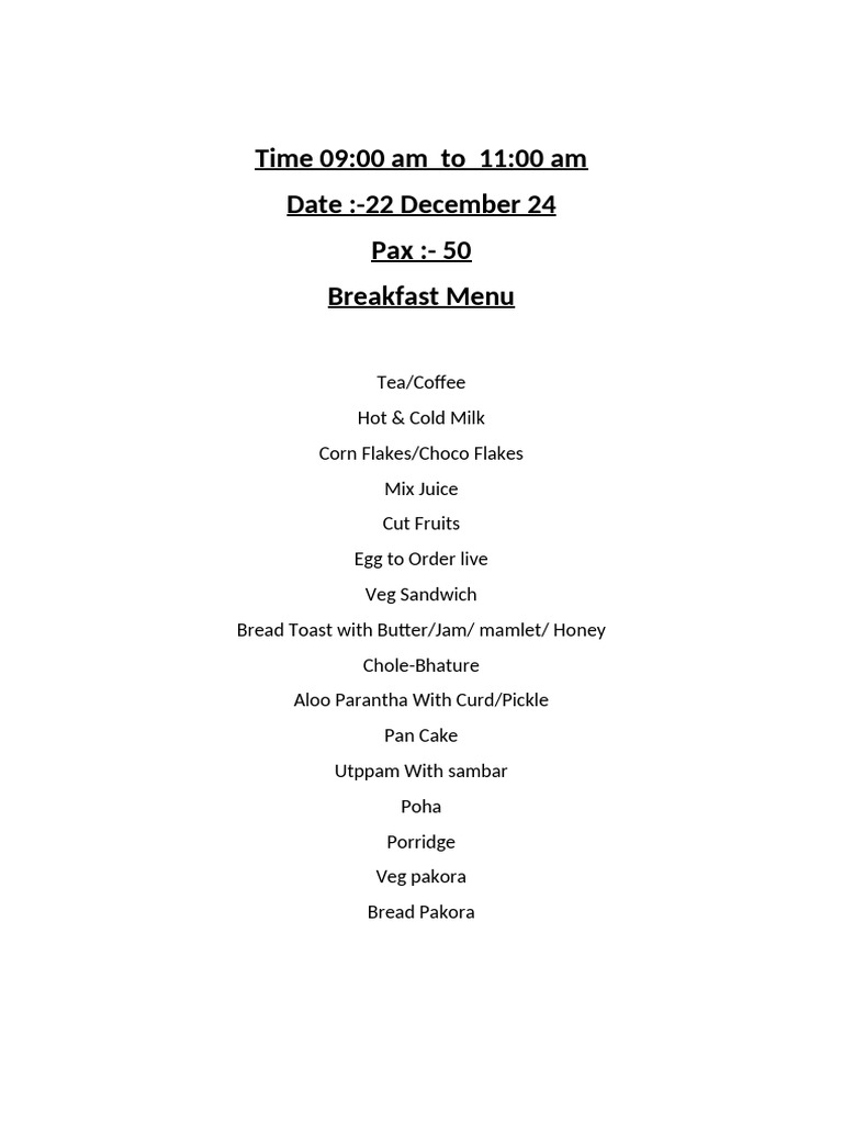Breakfast Menu for 50 Guests | PDF