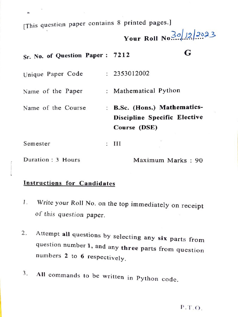 Mathematical Python Exam Paper | PDF | Applied Mathematics | Mathematics