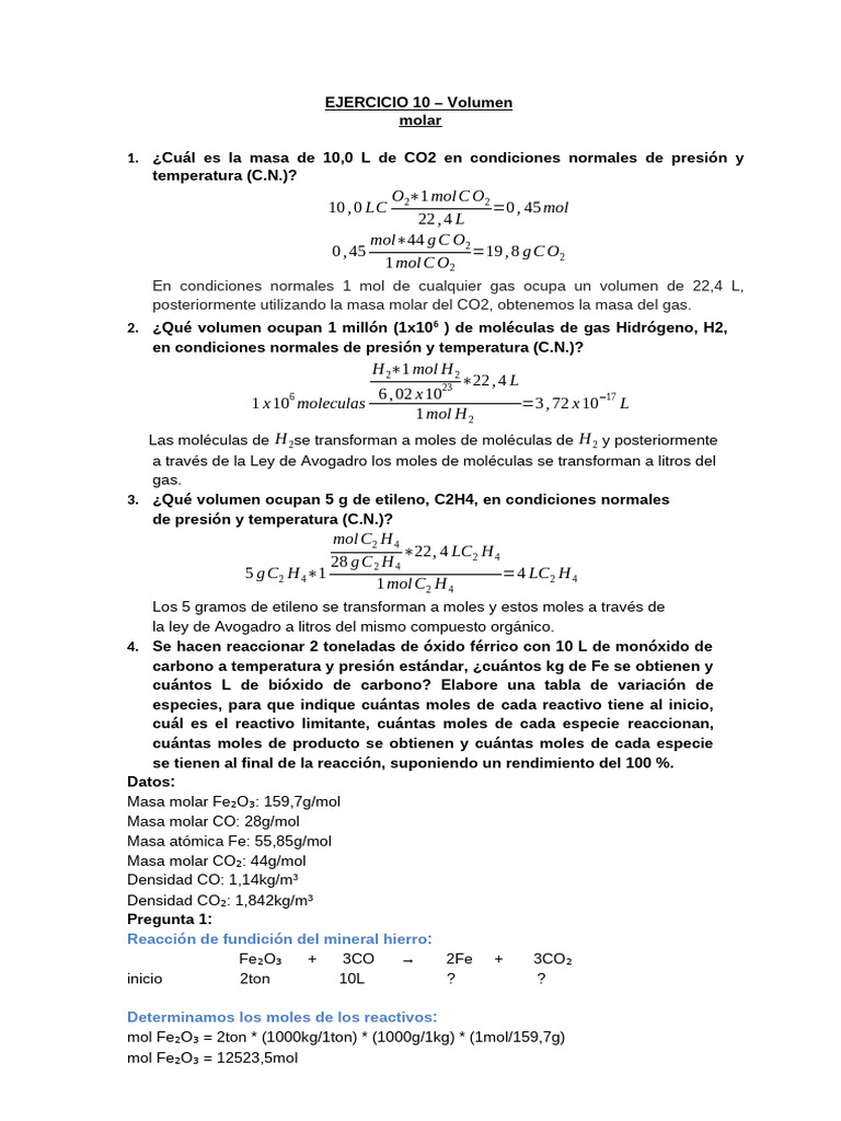 Cálculos de Volumen y Masa de Gases | PDF | Mole (Unidad) | Gases
