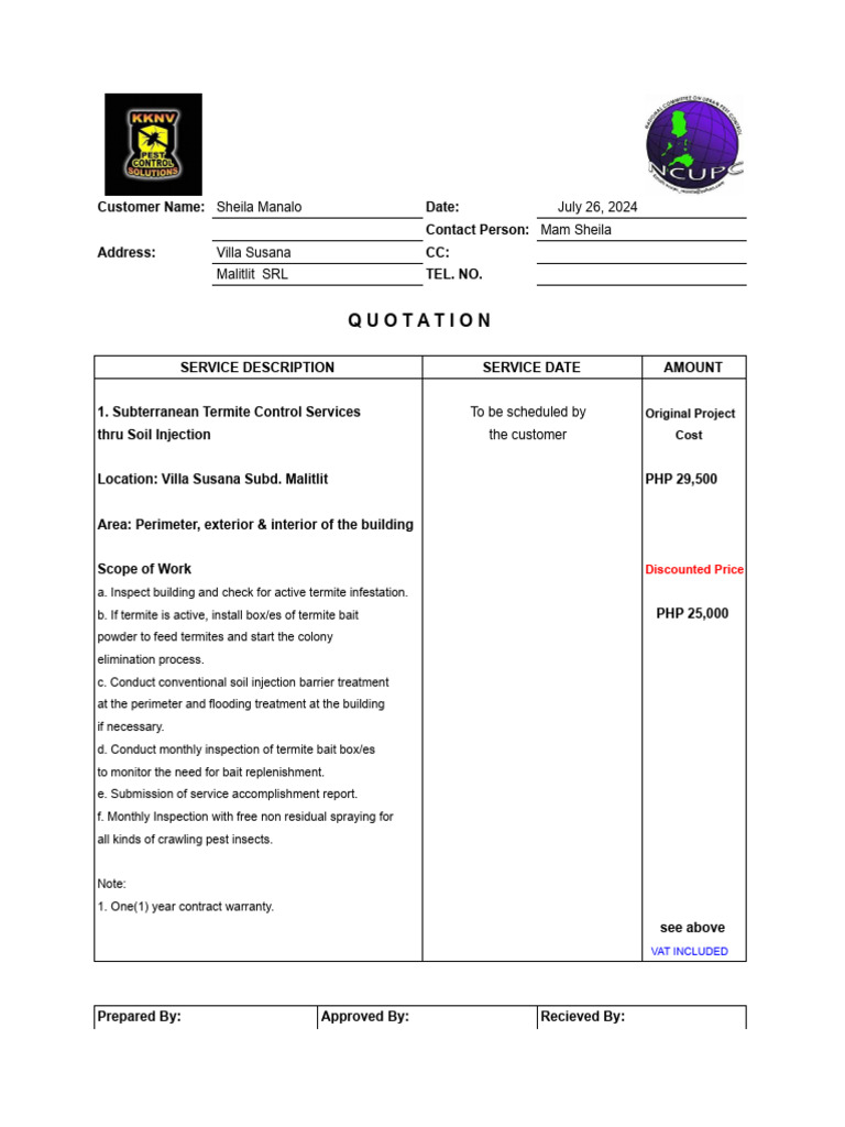 Pest Control Quotation for Sheila Manalo | PDF